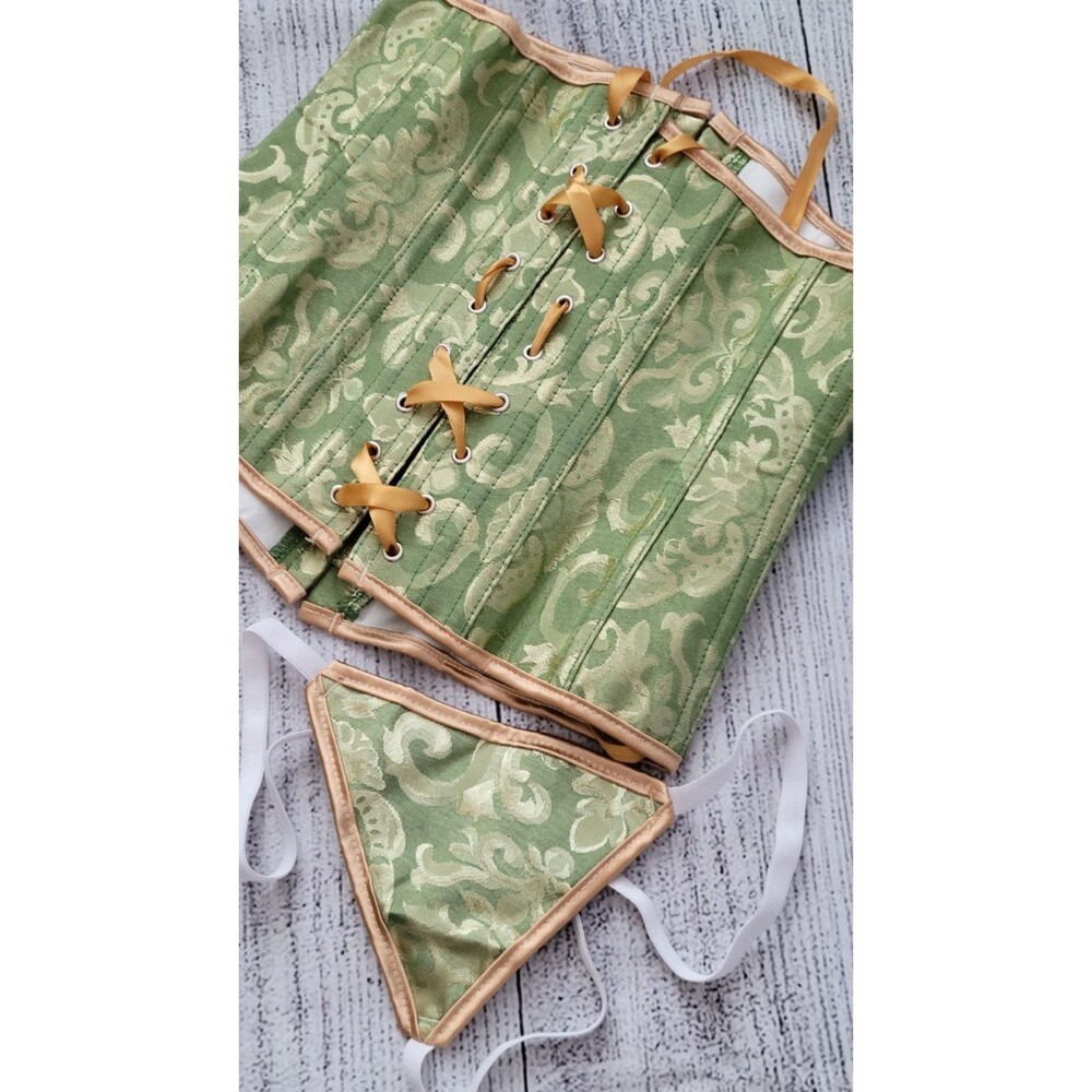 Green Brocade Lace Up Corset & G-String Sz S